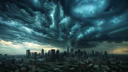 Dramatic Storm Clouds Engulfing an Urban Cityscape at Dusk - obrazy, fototapety, plakaty