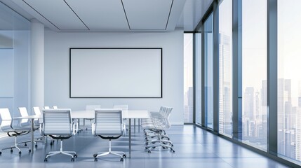Modern conference room, blank poster. Mock up, contemporary glass meeting room interior with blank poster