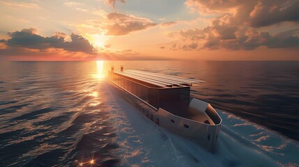 Futuristic Solar-Powered Cargo Vessel Sails the Serene Sunset-Drenched Ocean,Envisioning Sustainable Marine Transportation of the Future