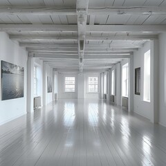An empty white room with wooden beams on the ceiling and large windows on one side.