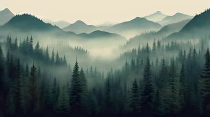 Misty landscape with fir forest in vintage retro style, Super Realistic illustration - obrazy, fototapety, plakaty