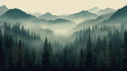 Küchenrückwand glas motiv Misty landscape with fir forest in vintage retro style, Super Realistic illustration © JetHuynh