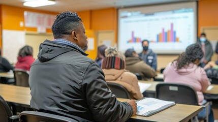 Adult Students of Diverse Ethnicities Engaged in Evening Classroom Learning