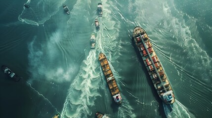 Aerial View of Bustling Cargo Ship Entering Port with Tugboat Assistance Showcasing Coordination in Shipping