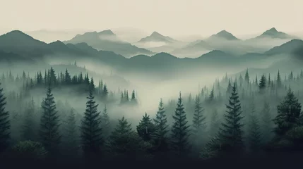 Deurstickers Misty landscape with fir forest in vintage retro style, Super Realistic illustration © JetHuynh