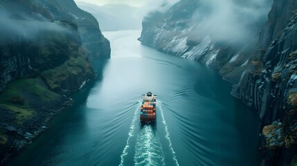 Fototapeta premium Cargo Ship Navigating Treacherous Fjord Surrounded by Majestic Mountains and Mist-Shrouded Cliffs