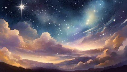 A dream-like starry sky, with light shining from the sky in a fantastic and beautiful atmosphere. The clouds are light