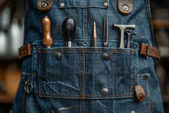 A practical denim work apron filled with various tools suggesting craftsmanship and DIY