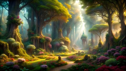 Fototapeta premium Digital Painting of Enchanted Forest, Overflowing with Towering Trees and Verdant Foliage.