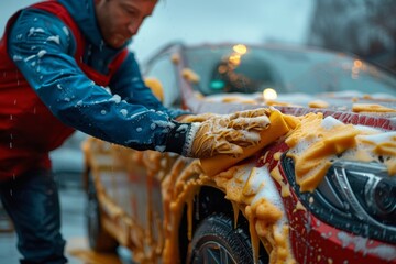 A manual car wash process in detail, showing soapy foam dripping down from a luxury car being scrubbed cleaned with a sponge