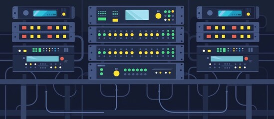 Multiple types of equipment are displayed in a row of servers