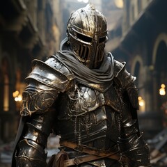 Knight in armor. Medieval warrior in metal armor, helmet and sword. Knight in rich steel armor. Realistic illustration of a warrior knight in a castle. Strong warrior.