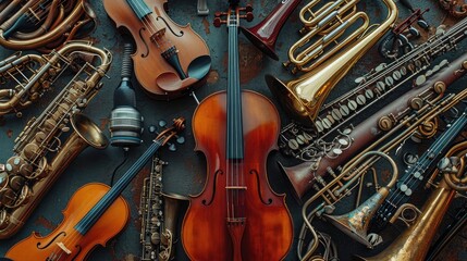 banner background National Cherish An Antique Day theme, and wide copy space, Abstract representation of antique musical instruments intertwining in a harmonious melody of shapes and lines - obrazy, fototapety, plakaty