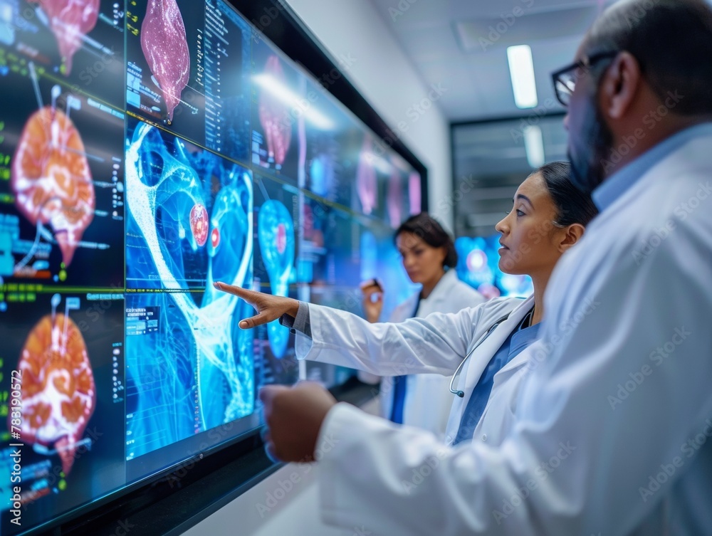 Poster diverse medical team analyzing brain scans in high-tech laboratory