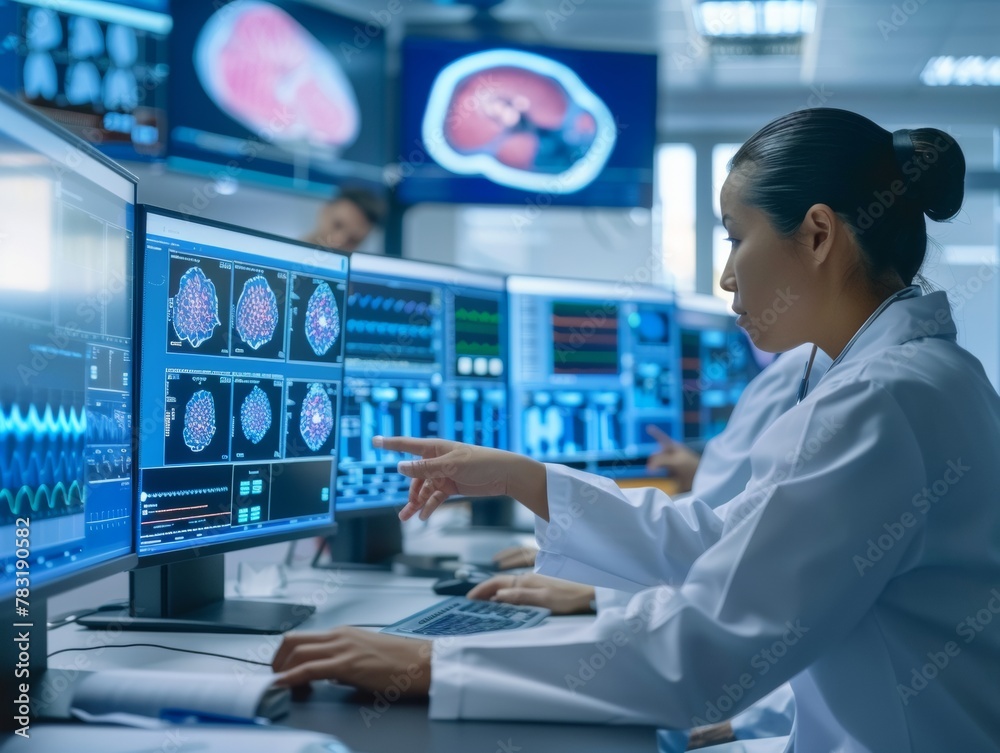 Aufkleber Female Scientist Analyzing Brain Scans in High-Tech Laboratory Setting
