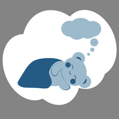 Cute blue teddy bear in kawaii style sleeps under a blanket. Cloud with copy space. Minimalistic card with a gray background.