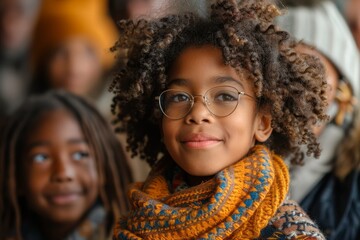 A confident young girl with curly hair and glasses smiling amidst a crowd, creating a warmly engaging portrait - obrazy, fototapety, plakaty