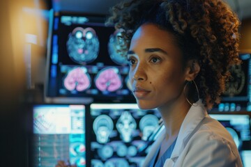 Professional Female Doctor Analyzing Brain Scans in High-Tech Radiology Lab