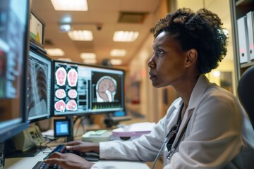 Female African American Radiologist Analyzing Brain Scans in a Medical Office at Night