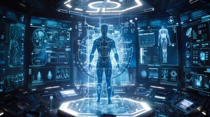 Futuristic Medical Examination Room with Interactive Holographic Display and Male Figure - 783190580