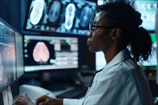 Young African Female Radiologist Analyzing Brain Scans in Medical Office