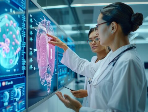 Diverse Female Medical Professionals Analyzing Digital Heart Model in High-Tech Laboratory