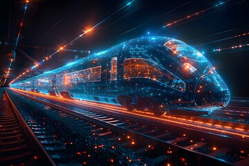 Futuristic Blue Wireframe Train in Motion. Concept Transportation, Technology, Futurism, Motion, Blue Color