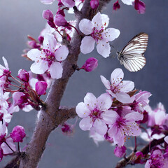 활짝 핀 약간 진한 분홍색 꽃 옆으로 작은 흰 나비 한 마리가 날아오는 모습 - obrazy, fototapety, plakaty