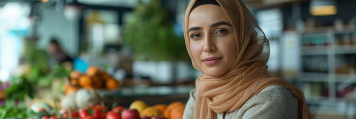 Confident Young Muslim Woman Shopping for Fresh Produce in a Vibrant Market