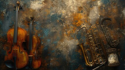 banner background National Cherish An Antique Day theme, and wide copy space, Abstract representation of antique musical instruments intertwining in a harmonious melody of shapes and line - obrazy, fototapety, plakaty