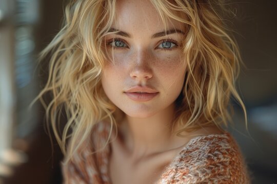 Close-up of an attractive young blonde woman with freckles and intense eyes, against a warm background