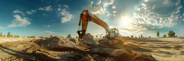 Excavator working at a construction site,A wheeled excavator in a trench digs the ground An excavator with a highly raised bucket against a cloudy sky Earthworks at the construction site.

 - obrazy, fototapety, plakaty