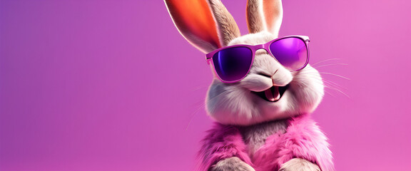 An adorable bunny character poses confidently, wearing sunglasses and a colorful vest, set against a pink background.