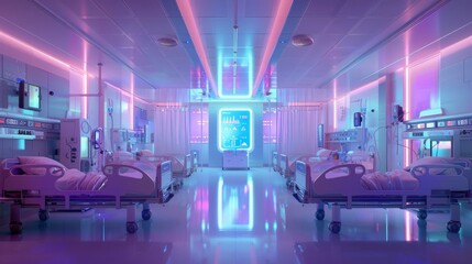 Futuristic Hospital Ward with High-Tech Equipment and Neon Lighting at Night