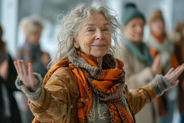 Joyful senior lady with arms spread and a bright orange scarf, imparting happiness and vitality