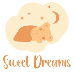 Cute little bear in kawaii style sleeps under a blanket against the background of stars and the moon. Minimalist card with sweet dreams inscription.