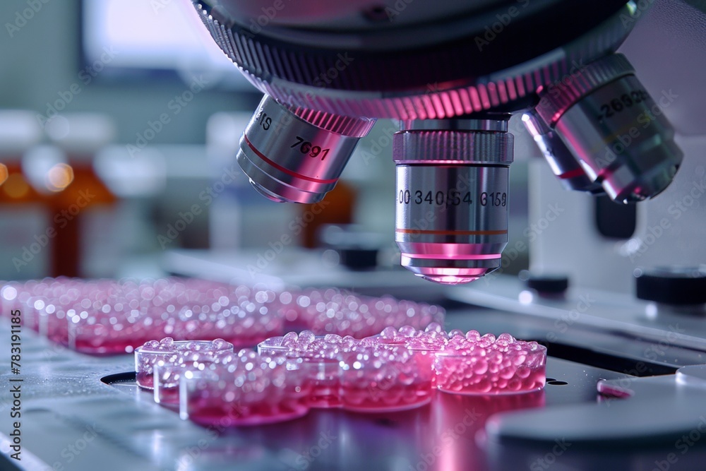Poster close-up view of a microscope and lab equipment in a modern research facility
