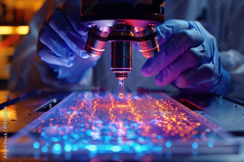 Poster scientist examining specimen under microscope in laboratory, focus on hands and equipment