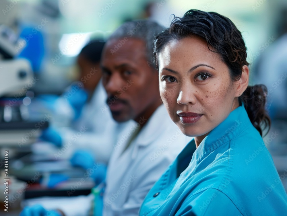 Poster diverse team of scientists working in modern laboratory setting - focus on female biologist