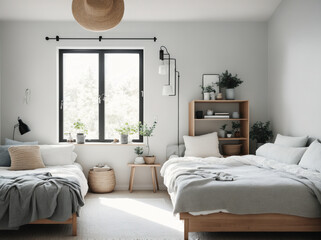 A bedroom with a white bed, white walls, and white curtains.