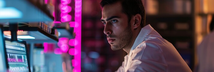 Young Adult Male Engineer Concentrating on Technical Work in a Neon-Lit Lab at Night