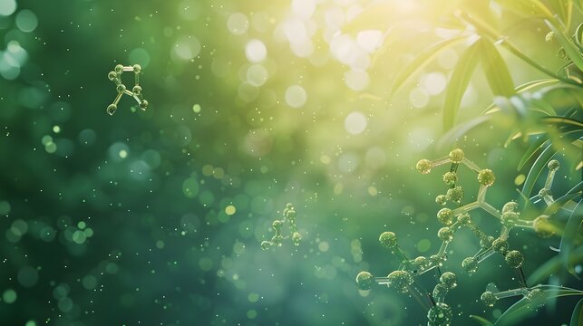 Natural Molecular Structures Floating in Serene Botanical Background Reflecting Wellness and Health