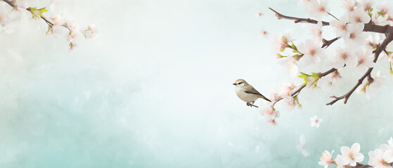 Cherry Blossom Serenity, Bird on Branch, Peaceful Springtime Background with Copy Space