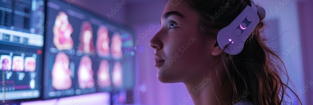Poster young female scientist analyzing data on multiple screens in a modern laboratory at night