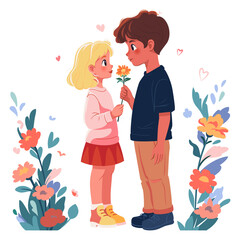Cheerful boy gives flower to sweet blond girl. First love concept. Vector flat illustration