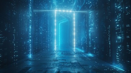 Abstract door in tunnel with digital data center light signals. Future computer technology concept of cyber gate in cyberspace or metaverse. Fantasy cyber door or portal in data center. - obrazy, fototapety, plakaty
