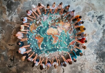 Diverse group of people holding hands in circle around globe symbolizing unity, peace, and global connection