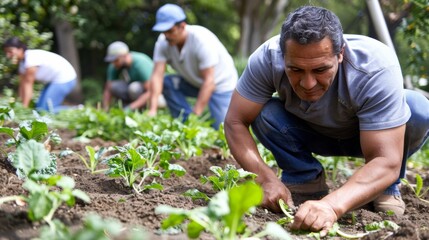Mature Hispanic Man and Team Gardening in Community Garden During Daytime