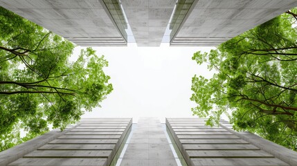 Modern greenery skyscrapers, view from below, eco-friendly and sustainable building.  - obrazy, fototapety, plakaty