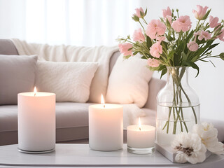 Flores en jarrón y velas de aromaterapia en una sala de estar acogedora en tonos blancos. Vista de frente y de cerca. AI Generativa - 783192305